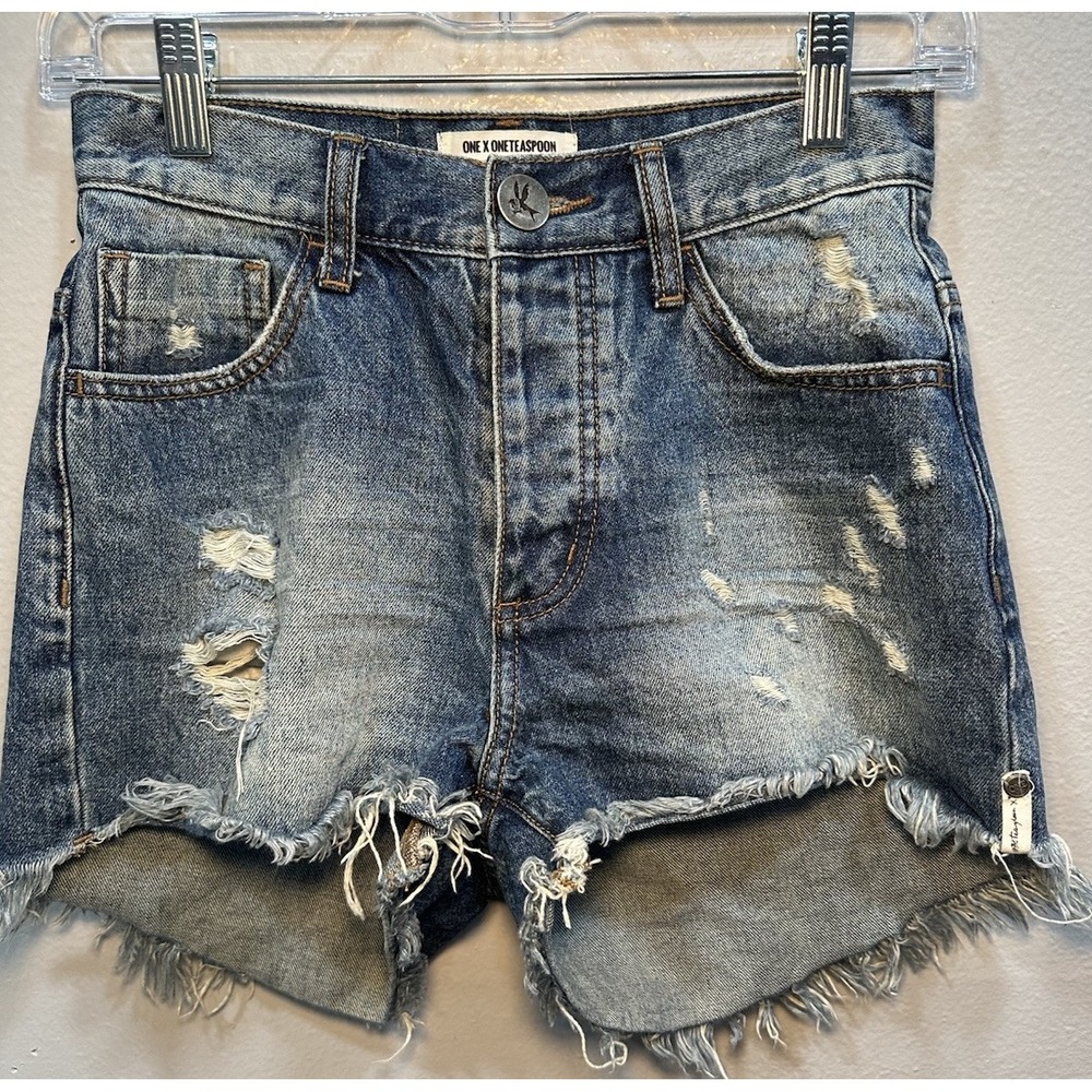 One X One Teaspoon Shorts Women 25 Blue Denim High Waist Bonita Button Up/Pocket